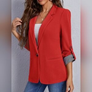 Womens Office Jacket Lapel Collar Roll-Tab Sleeve Blazer True Red sz S M L